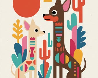 Matisse inspired mid century boho deco Chihuahua abstract wall art