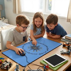Könnte beinhalten: Hellblaues rechteckiges Mauspad mit einem Schaltkreis-Design in der Mitte und Symbolen am Rand. Das Mauspad liegt auf einem Holztisch, auf dem Kinder spielen. Eine Computermaus ist auf der linken Seite zu sehen.