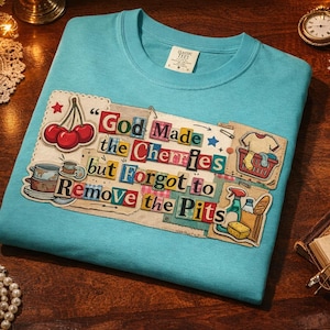 Diseño de camiseta con estampado de cerezas estilo patchwork falso PNG con frase divertida y cita gráfica estilo álbum de recortes vintage para sublimación