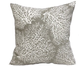 Taupe and off White Coral Throw Pillow Cover, Ariel Driftwood Tropical Lumbar, Nautical Kidney PillowCase, 16x16", 20x20" and more