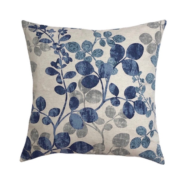 Floral Linen Denim Throw Pillow Cover, Shades of Blue, Taupe, and Cream Accent Pillow Case Home Decor, Single sided.