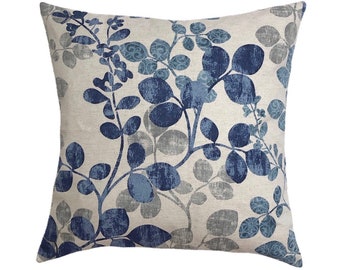 Floral Linen Denim Throw Pillow Cover, Shades of Blue, Taupe, and Cream Accent Pillow Case Home Decor, Single sided.