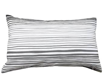 Outdoor Stripes Falcon Grey Lumbar Pillow Cover, Rectangular Striped Gray and White Pillowcase, Porch, Rectangular Patio Pillow Cover