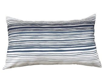 Outdoor Stripes Passport Navy Lumbar Pillow Cover, Rectangular Striped Navy Blue and White Pillowcase, Porch, Rectangular Patio Pillow Cover