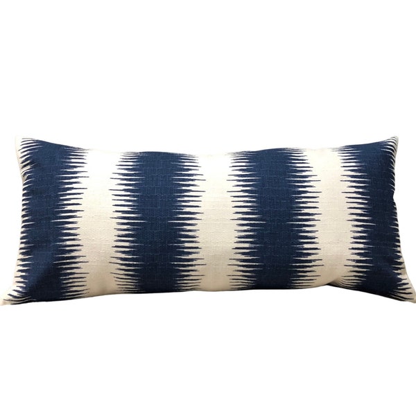 Lumbar Ikat Navy Blue Pillow Cover, Jiri Ikat Stripe Navy Blue and Ivory Lumbar Pillowcase, Birch Stripes Rectangular Pillow Cover