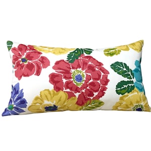 Large Flower Print Lumbar Throw Pillow Cover, Rectangular Cotton Twill Floral Home Decor Pillow Case, Red, Green, Yellow, Purple and Cream