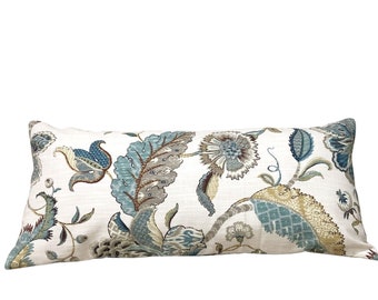 French Blue Floral Lumbar Pillow Cover, Teal, Brown, Taupe, Golden Tan, Ivory, Lumbar Pillowcase, 12x16, 12x18, 12x26, 14x36, Single Sided