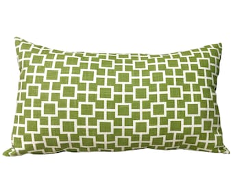 Linen Blend Lumbar Pillow Cover, Geometric Print Cream and Grass Color Background Rectangular Pillow Case, 14x36, 14x34, 14x24, 12x24 & More