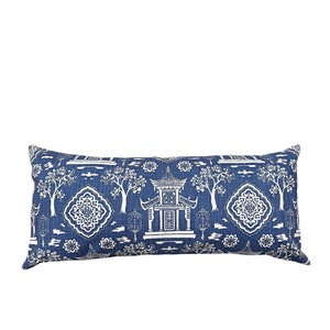 Navy Toile Lumbar Pillow Cover, Rectangular Chinoiserie Toile Regal Spirit Navy Blue and White Pillow Case, 14x24, 14x36, 12x24, 12x26