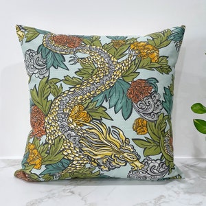 Robert Allen Fabric Ming Dragon Aquatint Throw Pillow Cover, Oriental style, Asian flowers and fire breathing dragon Print, Single Sided