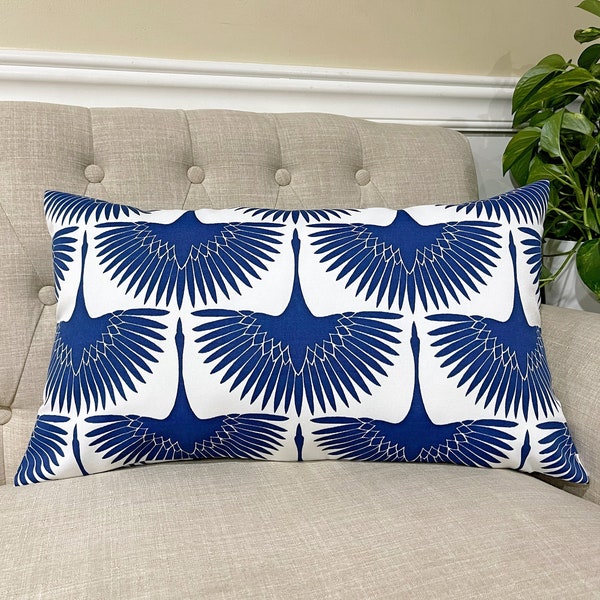 Outdoor Flock Classic Blue Lumbar Pillow Cover, Rectangular Blue and White Pillow Case, 12x16, 12x18, 12x24, 14x24, 14x20, 14x36 and MORE