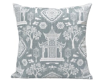 Light Blue Toile Throw Pillow Cover, Chinoiserie Toile Spirit Light Blue and White Pillow Case, Asian Style Print, Pillow Cover Only