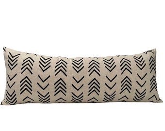 Mud Cloth Black and Linen Lumbar Pillow Cover, Off White and Black Arrow Stripes Lumbar Pillowcase, Zippered Rectangular Cover