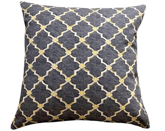 Platinum Geometric Throw Pillow Cover, Lattice Print Grey, Yellow & Ivory Home Decor, Lumbar Cover, Euro Sham,  Accent Pillow Case