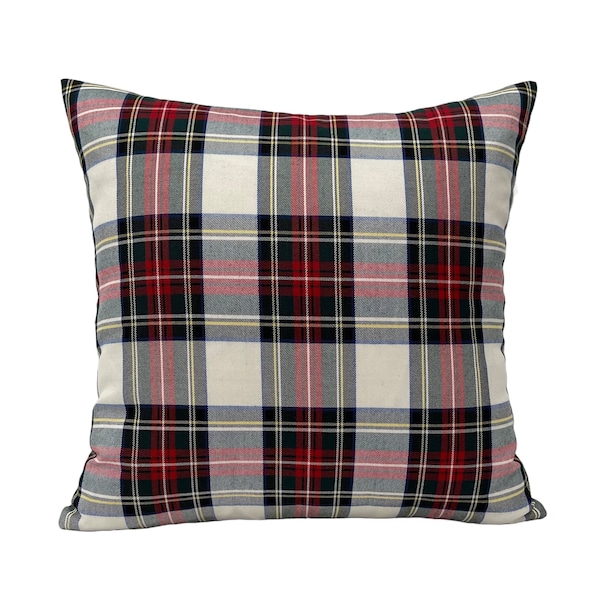 Yarn Dyed Plaid Red Ecru Throw Pillow Cover, Plaid of Red, Green, Yellow, Blue, Ecru and Black Pillowcase, Lumbar Cover, Holiday Decor