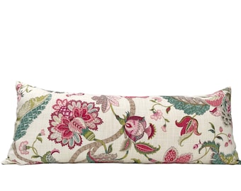 Raspberry Floral Lumbar Pillow Cover, Red, Pink, Shades of Green, Cream, Taupe, Grey, and Teal Rectangular Pillow Cover, Single Sided