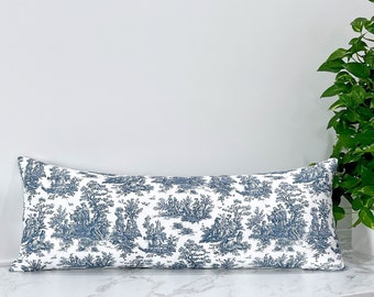 Navy and White Toile Lumbar Pillow Cover, Jamestown Toile Print Premier Navy Blue and White Rectangular Pillow Cover