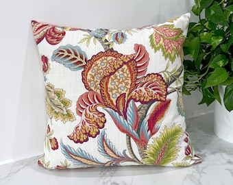 Robert Allen Jacobean Swag Coral Floral Throw Pillow Cover, Large Flower Print in Ivory Background Pillow Case, Single Sided