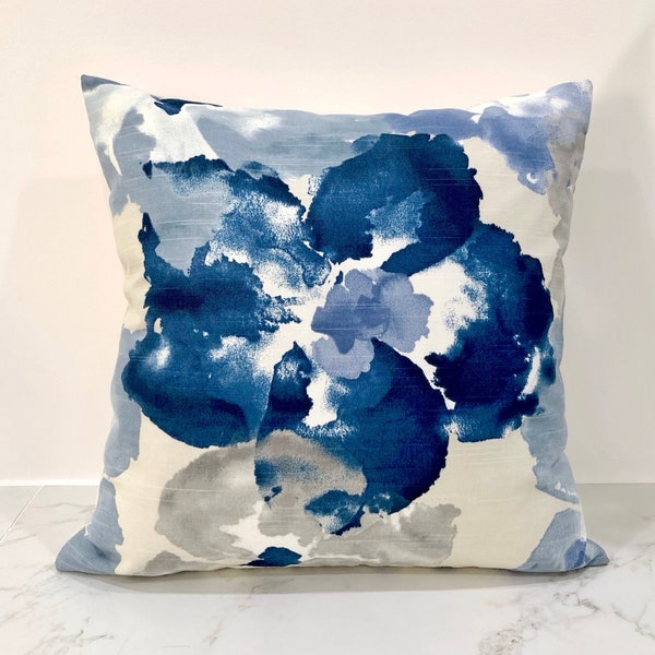 Floral Indigo Throw Pillow Cover, Shades of Blue, Grey and Cream Accent Pillow Case Home Decor, Single Sided