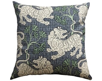 Lion Canvas Indigo Pillow Cover, Blue, Off-white, and Green, Euro Sham, Lumbar Cover Home Decor, Accent Pillow Case