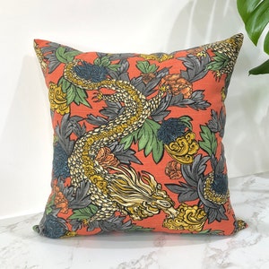 Robert Allen Ming Dragon Persimmon Throw Pillow Cover, Oriental style, Asian flowers and fire breathing dragon, Single Sided