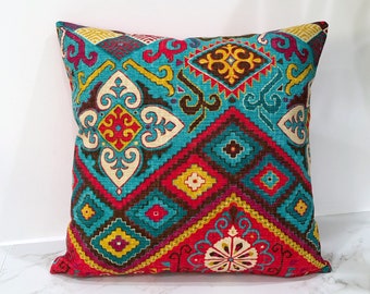 Boho Style Pillow Cover, Red, Golden Yellow, Brown, Magenta, Teal and Turquoise, Euro Sham, Single Sided Pillow Case