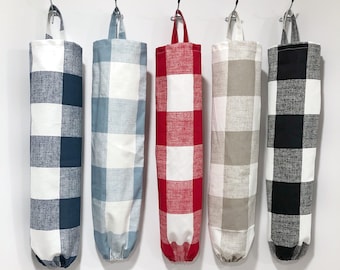 Plastic Bag Holder, Plaid, Check Grocery bag Holder, Recycling Bag Dispenser, Premier Blue, Red, Black and White Checked