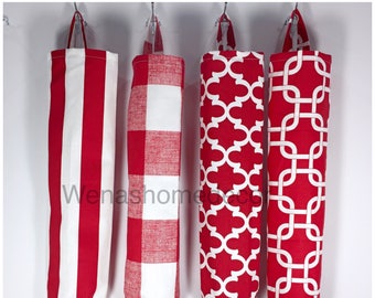 Red Plastic Bag Holder, Plaid, Check Grocery bag Holder, Recycling Bag Dispenser, Red and White Stripe, Plaid, Christmas Kitchen Decor