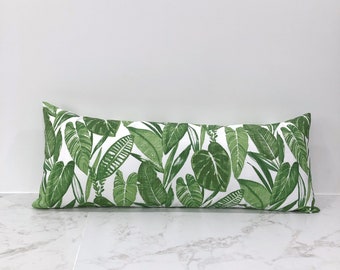 Outdoor Mindora Nature Green, White Luxe Lumbar Pillow Cover, Rectangular Porch, Patio Pillowcase, Outdoor Chair Pillow Cover