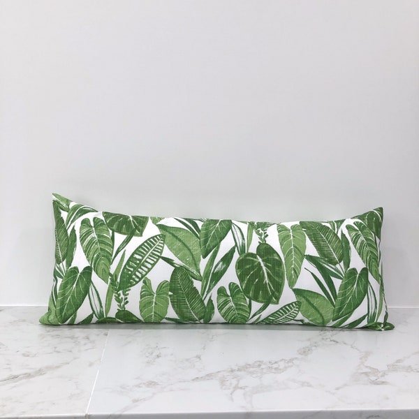 Outdoor Mindora Nature Green, White Luxe Lumbar Pillow Cover, Rectangular Porch, Patio Pillowcase, Outdoor Chair Pillow Cover