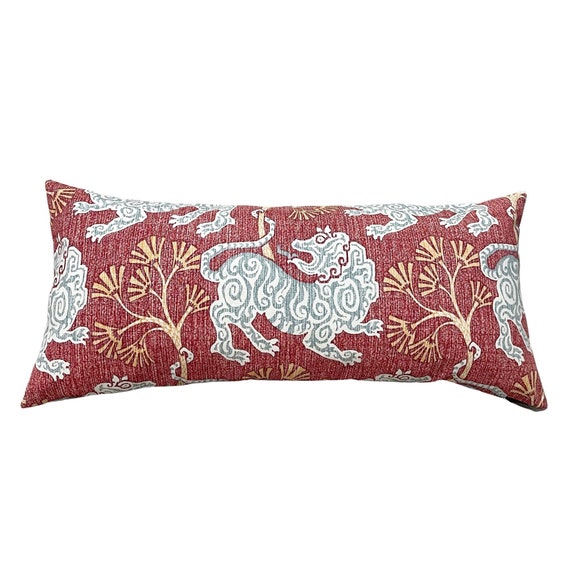Lion Print Rouge Lumbar Pillow Cover, Red, Yellow, Green, and White Asian Decor, Lumbar Pillowcase, 12x16, 12x26, 14x20, 14x36, Single Sided