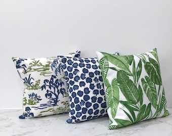 Bermuda Blue, Green and White Pillow Cover,  Cotton And Linen Blend Pillow Case, Green Polyester Pillow Cover