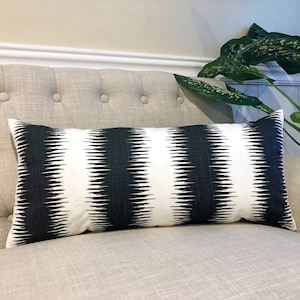 Lumbar Ikat Black and White Pillow Cover, Jiri Ikat Stripe Ink and White Slub Canvas Lumbar Pillowcase,  Rectangular Pillow Cover