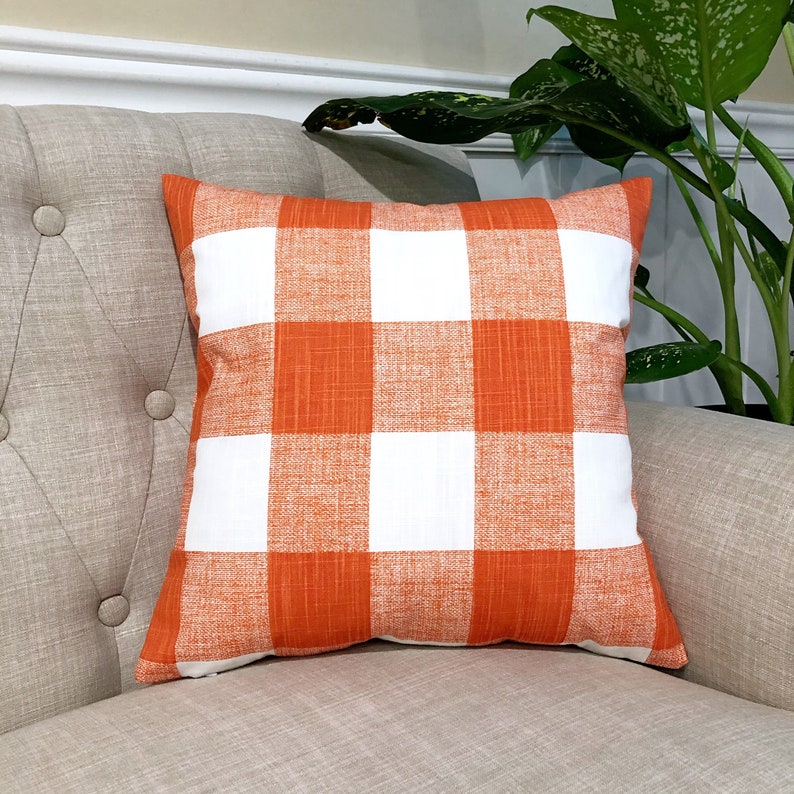 Buffalo Check Orange Throw Pillow Cover, Lumbar, Euro, Sham, Kidney Pillowcase, Orange & White Plaid Pillow case, Modern Farmhouse image 1