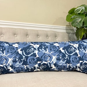 Prussian Blue Lumbar Pillow Cover, Floral Print Blue and White Zippered Lumbar Pillow Case, 14x36, 12x36, 12x26 and More