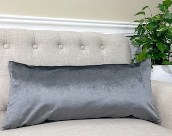 Grey Velvet Lumbar Pillow Cover, Solid Gray Velvet Lumbar Pillowcase, 12x16, 12x18, 12x24, 12x26, 14x20, 14x34, 14x36 and MORE