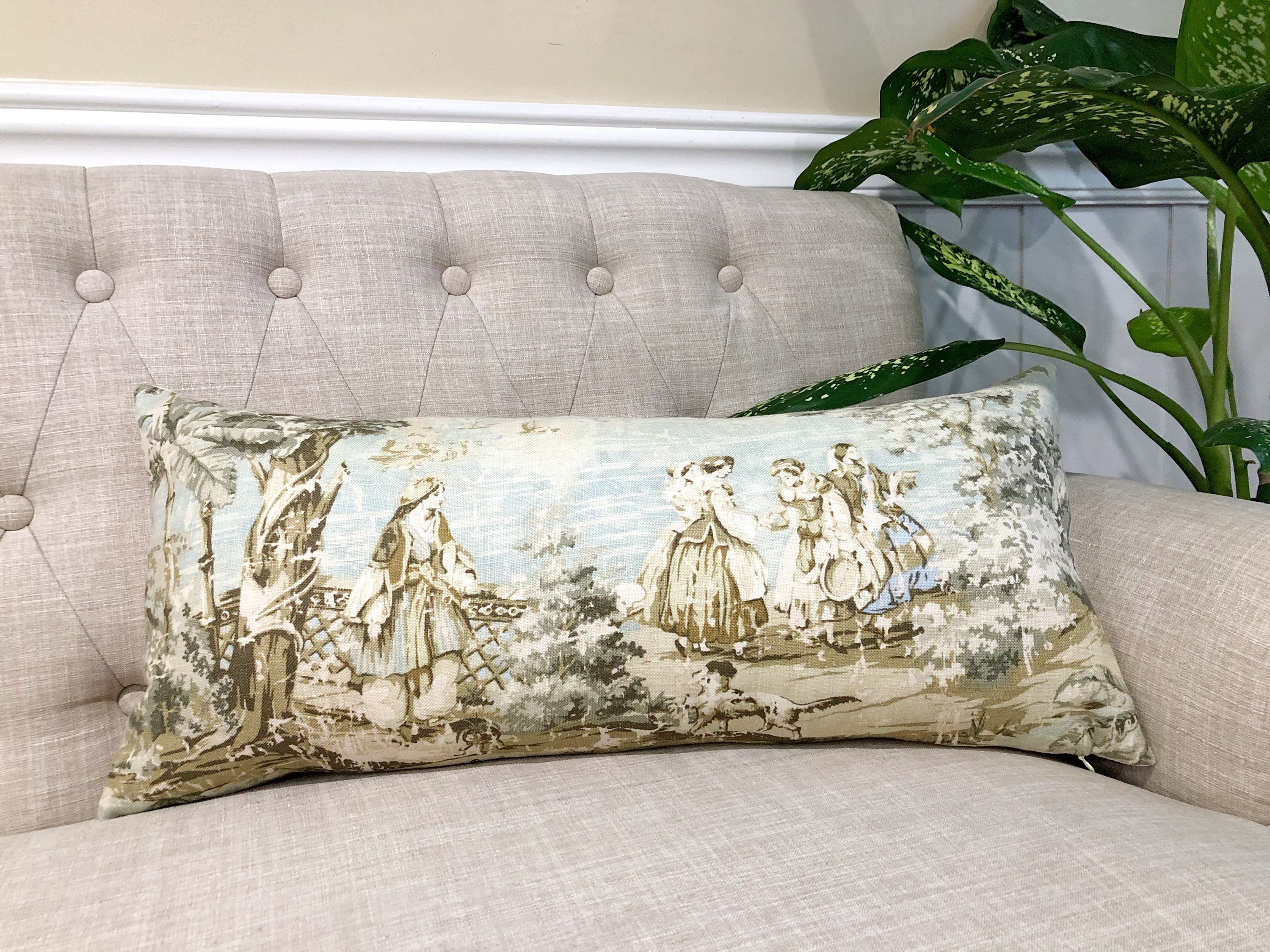 Toile Aqua Lumbar Pillow Cover Linen Like Textured Etsy
