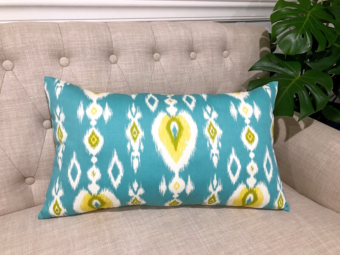 Ikat Turquoise Lumbar Pillow Cover Cotton Twill Turquoise Etsy