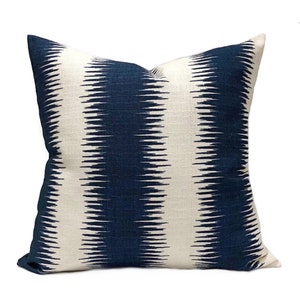Ikat Jiri Stripe Nina Navy Blue Birch Throw Pillow Cover, 14x14, 18x18, 20x20, 22x22, 24x24, 26x26 Pillow case
