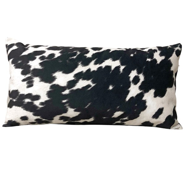 Faux Cowhide Lumbar Pillow Cover, Black and Off White Lumbar Pillowcase, Faux Cow Hide Rectangular Pillow Cover
