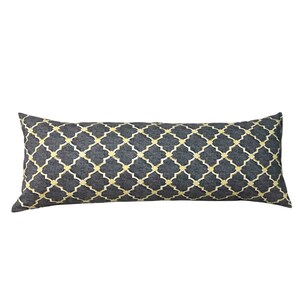 May include: A long, rectangular pillow with a gray and yellow geometric pattern. The pillow has a trellis design with yellow lines and small circles.