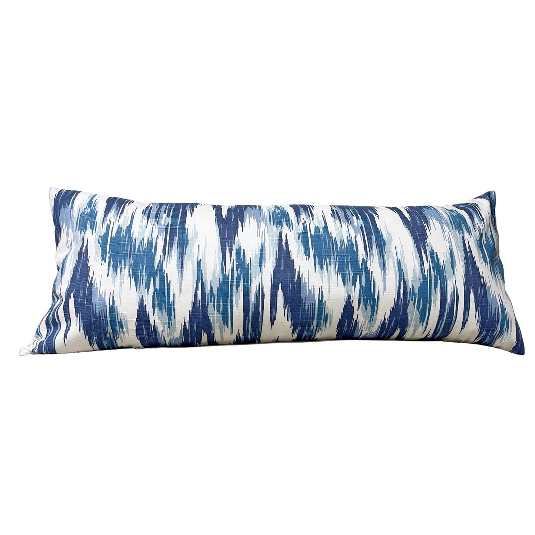 Ikat Blue Lumbar Pillow Cover, White and Shades of Blue Zippered Lumbar