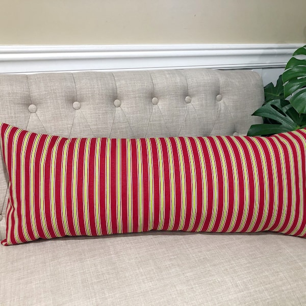 Red, White and Chartreuse Lumbar Pillow Cover, Striped, Rectangular Pillow Cover, Modern Farmhouse Decor, 14x36, 14x34, 12x16, 12x18 & More