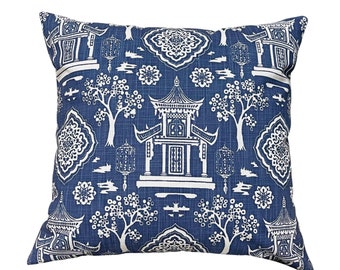 Navy Toile Throw Pillow Cover, Chinoiserie Toile Regal Spirit Navy Blue and White Pillow Case, Asian Style Print, Pillow Cover Only