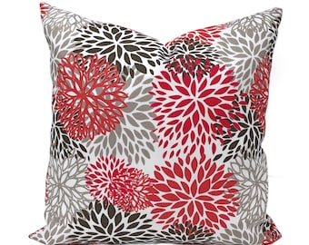 Outdoor Floral Pillow Cover, Red, Orange, Grey, Brown and White Flower Blooms, Sham, Sun Room Lumbar Cover, Patio Home Accent Pillowcase