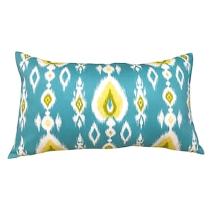 Ikat Turquoise Lumbar Pillow Cover, Cotton Twill Turquoise, Chartreuse, Yellow and off white Rectangular Pillow Cover, 14x36, 14x34, 14x24