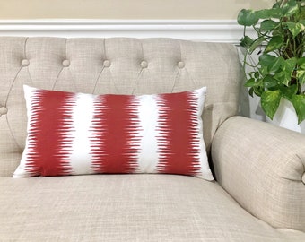 Outdoor Farrow Red Lumbar Pillow Cover, Ikat Farrow and White Lumbar Pillowcase, Ikat Red Lumbar Pillow Cover