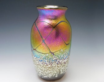 Large rainbow hued iridescent glass vase by Elaine Hyde