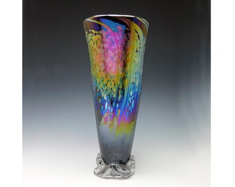 Blown glass fan shaped flower vase with iridescent colors by Elaine Hyde