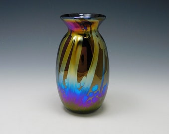 Vivid iridescent blown glass bud vase by Elaine Hyde